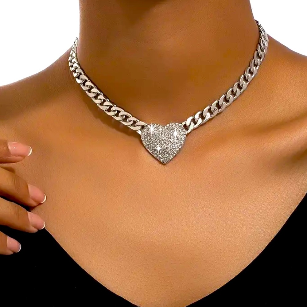 Heart Shaped Pendant cuban STERLING SILVERY chain Necklace choker W EXTENDER NWT